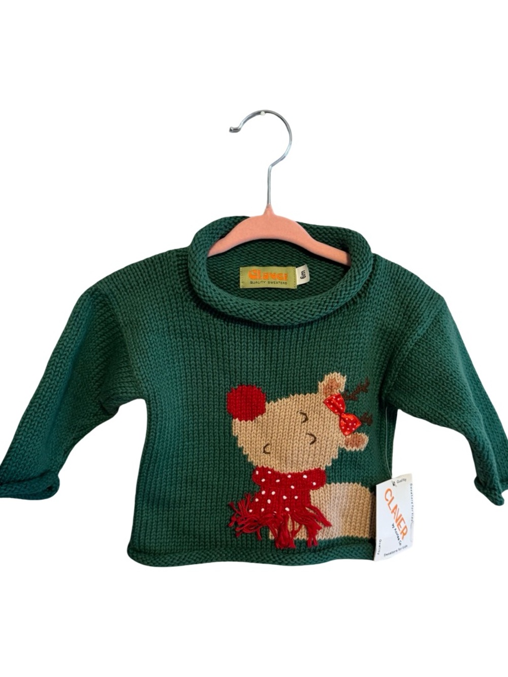 Claver Girl Reindeer Rollneck Sweater Girls Size 6M Green Christmas Sweater NWT